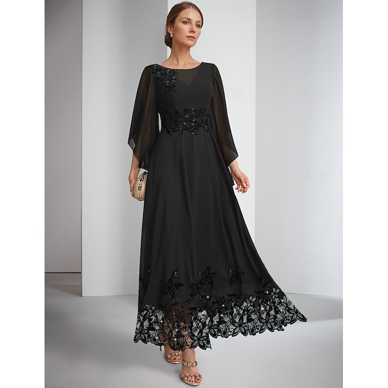 A-Line Dress Mother of the Bride Dress Elegant Sparkle & Shine Jewel Neck Ankle Length Chiffon Long Sleeve with Lace Embroidery Solid Color4