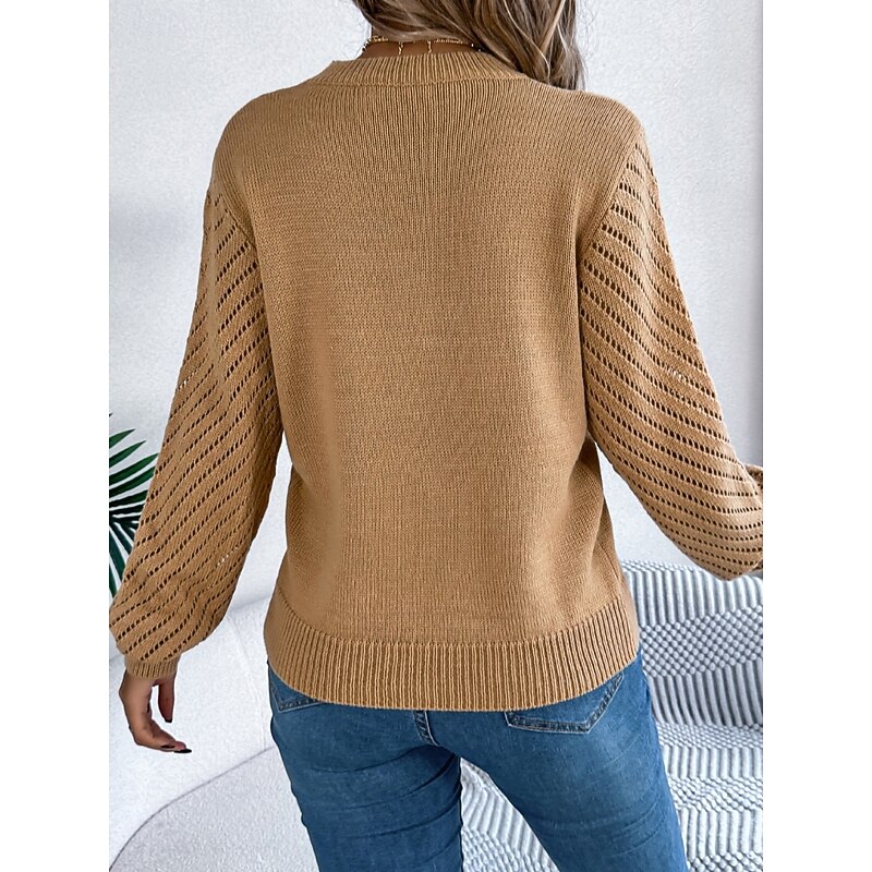 Women's Sweater Casual Soft Pure Color Ribbed Crew Neck Knitted Hole Long Sleeve Regular Tops Knit Outdoor Daily Weekend White Orange Fall Winter2