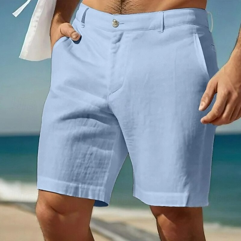 Men's Shorts Linen Shorts Dress Shorts Summer Shorts Beach Shorts Pocket Buttons Plain Comfort Breathable Knee Length Formal Daily Holiday Vacation Fashion White Sky Blue Inelastic