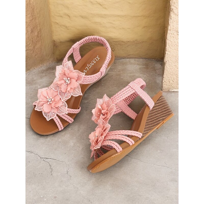 Women's Brown Bohemian-Style Woven Wedge Sandals with Floral Embellishments - Comfortable Summer Sandals for Beach and Casual Outings 9