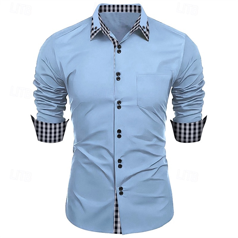 Men's Shirt Dress Shirt Button Up Shirt Plaid Wedding Party Black White Pink Wine Long Sleeve Lapel Spring &  Fall Clothing Apparel Patchwork2