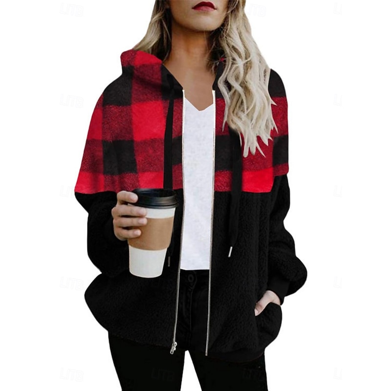 Women's Winter Coat Winter Jacket Teddy Coat Hoodie Jacket Outdoor Street Daily Fall Winter Regular Coat Regular Fit Warm Breathable Comtemporary Stylish Jacket Long Sleeve Stripes and Plaid with