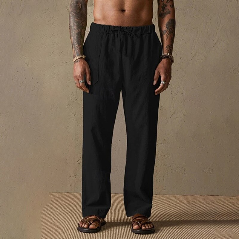 Men's Linen Pants Trousers Summer Pants Gauze Pants Drawstring Elastic Waist Straight Leg Plain Comfort Breathable Full Length Outdoor Casual Daily Fashion Classic Style Black White4