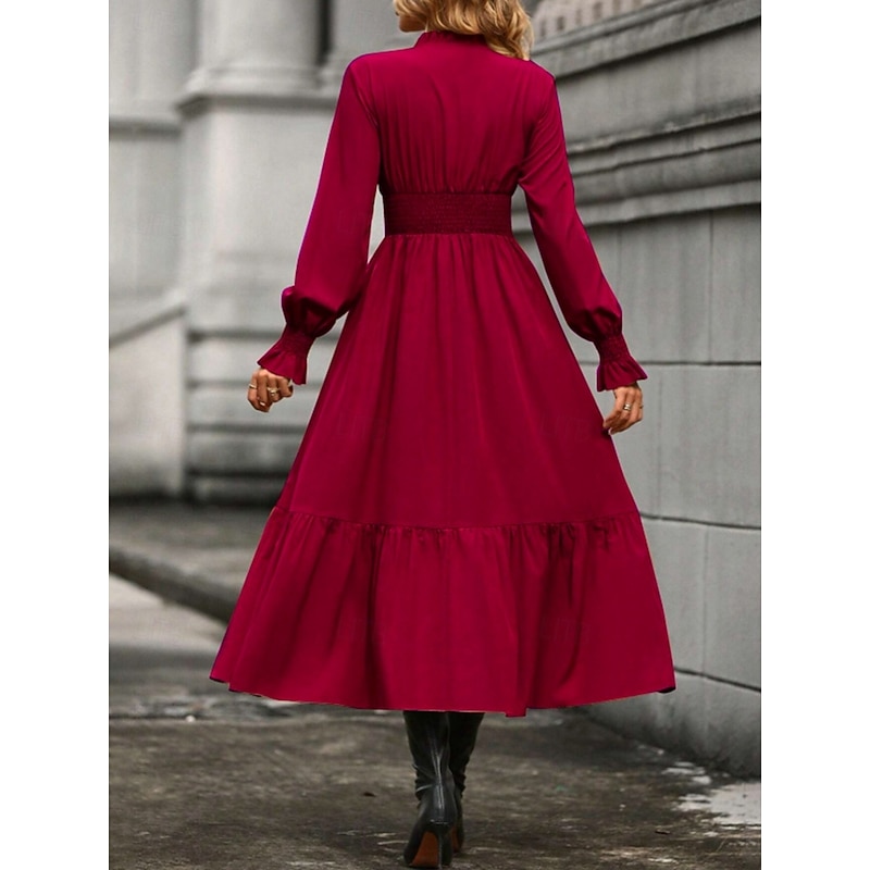 Women's Casual Dress Midi Dress Ruffle Casual V Neck Long Sleeve Black Wine Khaki Color2