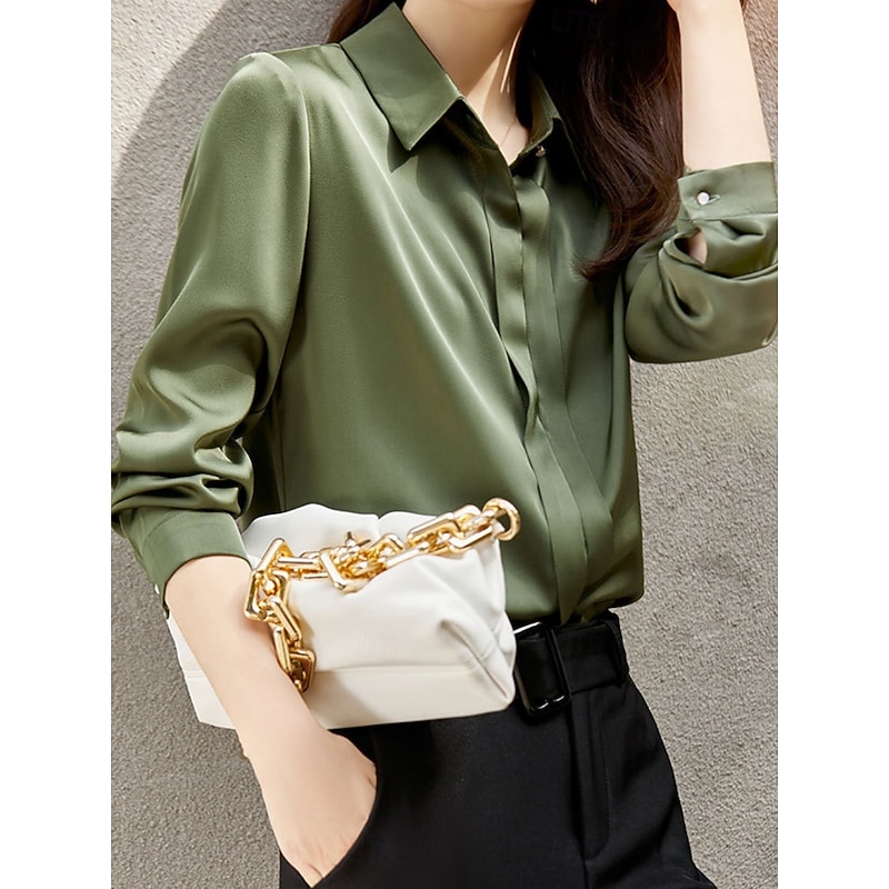 Women's Shirt Elegant Dressy Satin Solid Color Basic Casual Long Sleeve Shirt Collar Regular Tops Daily Buttons White Green Gray Fall Winter3