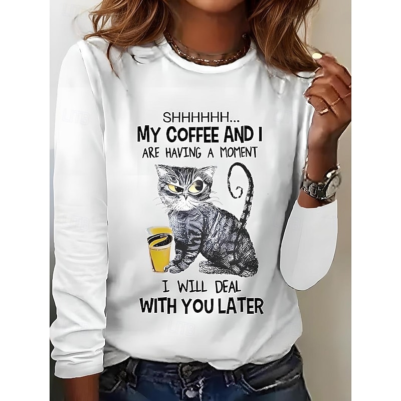 Women's 100% Cotton Tunic T Shirt Fashion Casual Print Long Sleeve Regular Tops Crew Neck Daily Black White Spring Fall Prefall