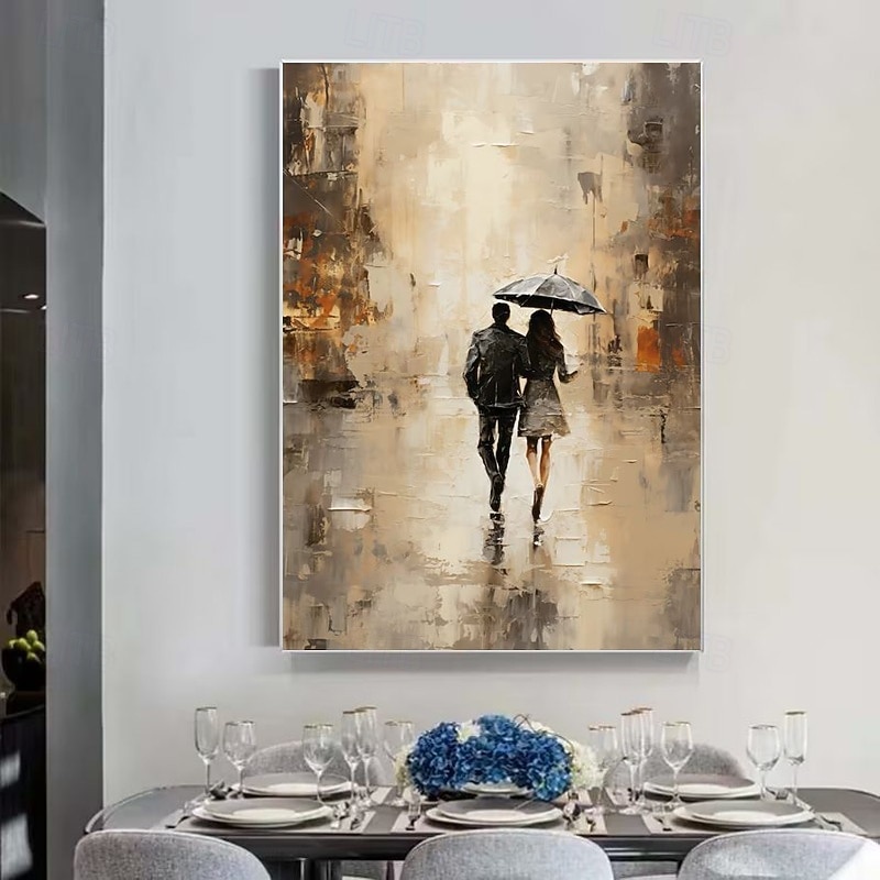 Handmade Oil Painting Canvas Wall Art Decoration Figure Lovers Hold Up An Umbrella Abstract Rain Street Landscape for Home Decor Rolled Frameless Unstretched Painting3