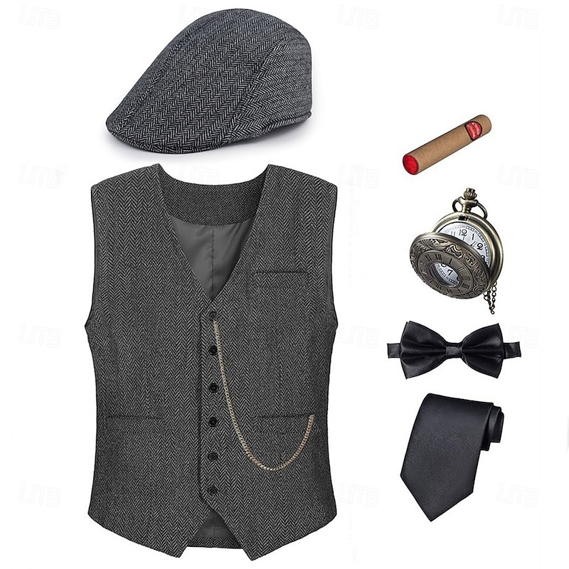 Retro Vintage Roaring 20s 1920s Outfits Waistcoat Gentleman Gangster Fancy Dress Men's Halloween Carnival New Year Carnival Party / Evening Masquerade Adults' Cravat Vest More Accessories All Seasons2