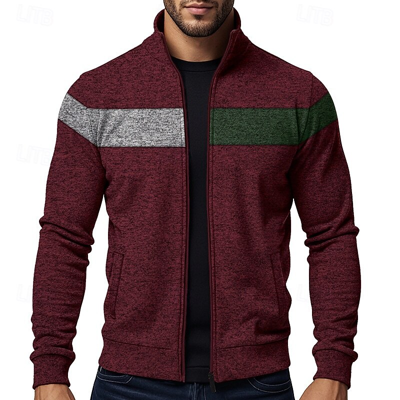 Men's Jacket Casual Jacket Vacation Daily Warm Wearproof Pocket Fall & Winter Color Block Fashion Classic Stand Collar Regular Wine Light Grey Army Green Dark Gray Jacket2