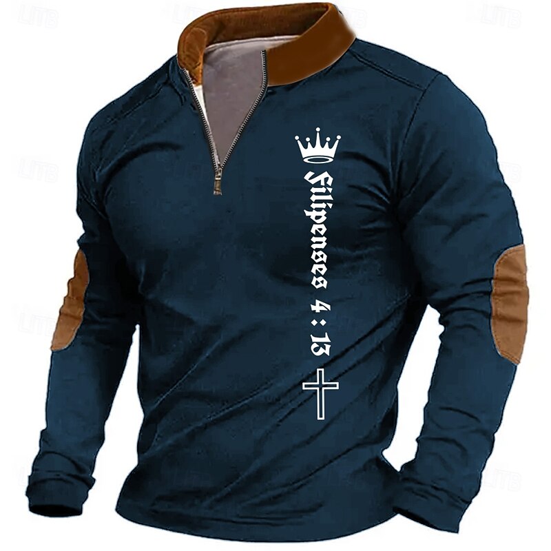 Men's Word / Phrase Tiaras & Crowns Cross Sweatshirt Zip Sweatshirt Long Sleeve Sweatshirt Quarter Zip Daily Basic Print Sports Outdoor Travel Zip Up Spring &  Fall4