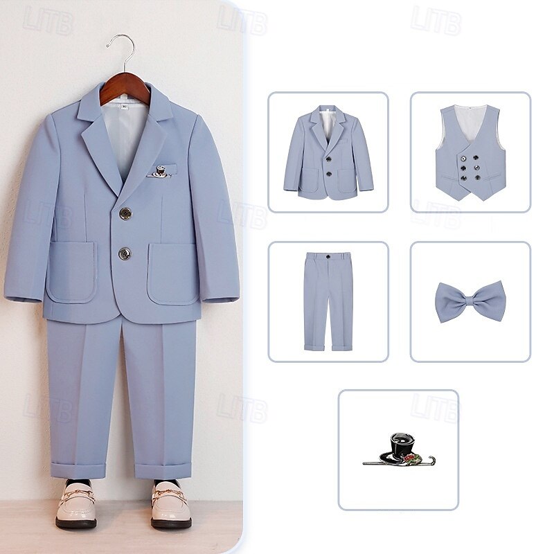5 Pieces Ring Bearer Suit Boys Kids Suit Formal Suit Blazer & Vest & Pants & Brooch & Tie Formal Party Fashion Cool Solid Color Pocket Blue Beige Gray Polyester3
