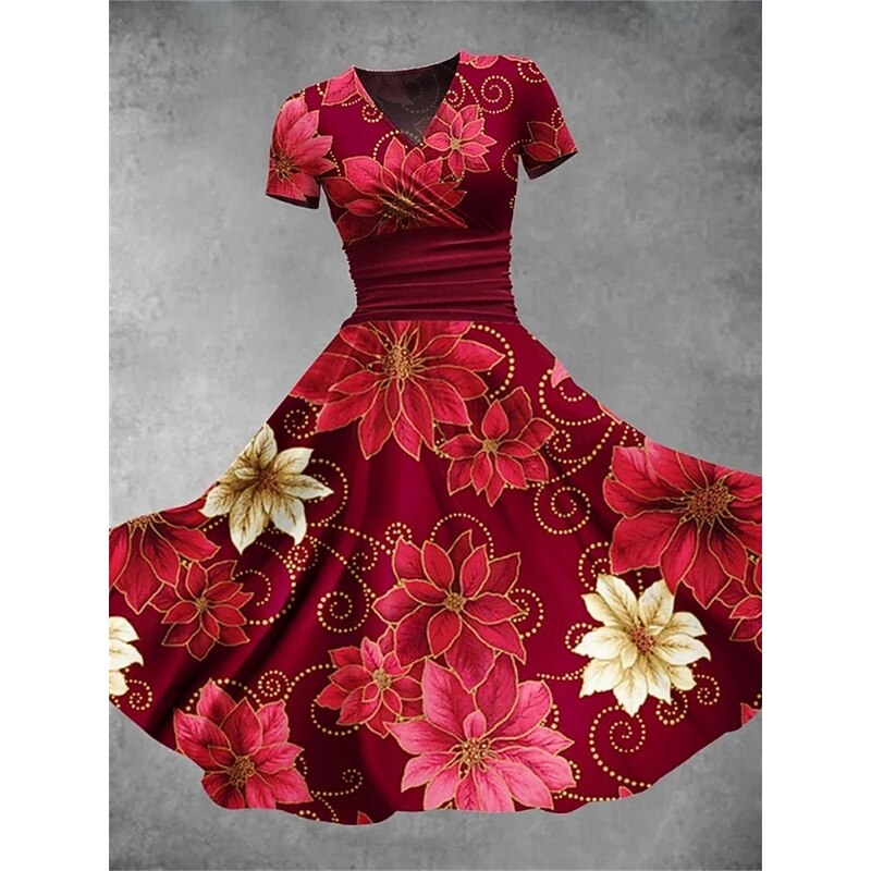 Women's Graphic Print V Neck Midi Dress Stylish Home Daily Short Sleeve Summer3