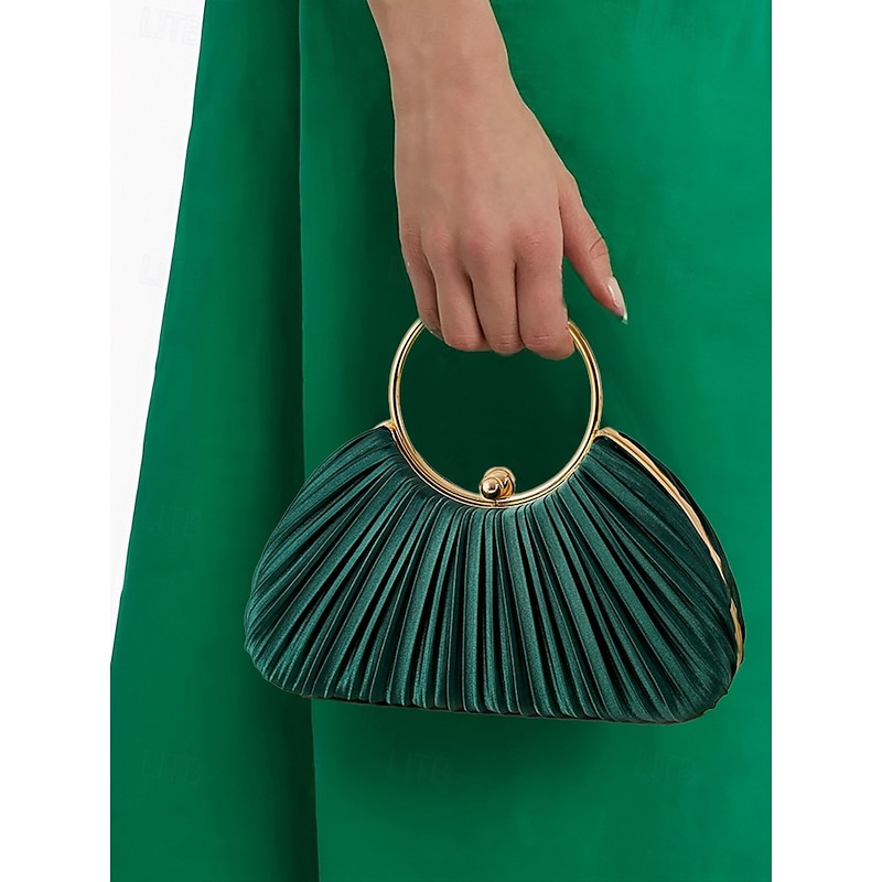Green Elegant Pleated Velvet Clutch with Gold Ring Handle - Women's Evening Handbag, Perfect for Weddings, Parties and Formal Events3