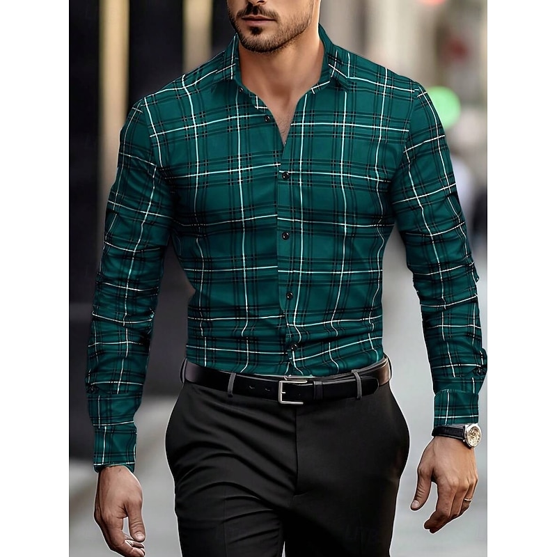 Men's Summer Shirt Casual Shirt Beach Shirt Button Up Shirt Checked Shirts Yellow Red Blue Green Gray Long Sleeve Plaid / Striped / Chevron / Round Lapel Vacation Hawaiian Button-Down Clothing Apparel3