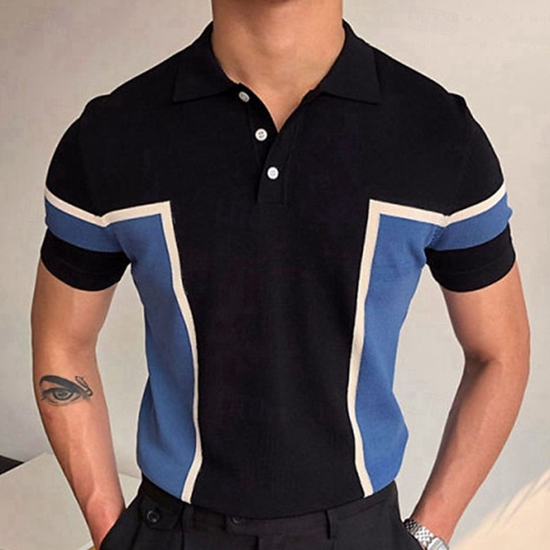 Men's Button Up Polos Golf Shirt Casual Sports Lapel Short Sleeve Fashion Basic Color Block Patchwork Buttons Summer Black Button Up Polos