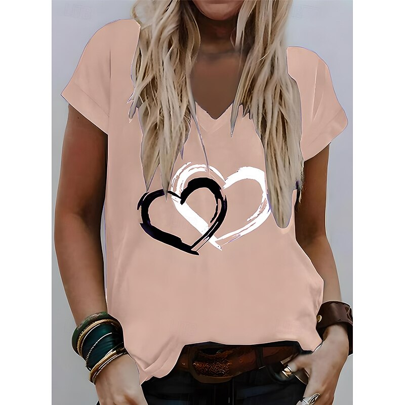 Valentine Women's Heart T Shirt Basic Regular Tops Short Sleeve V Neck Print Regular Fit Valentine Weekend Red Blue Purple Green Gray2