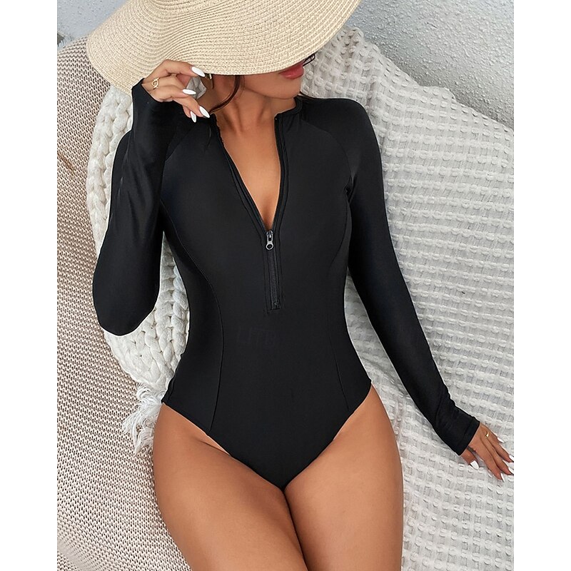 Women's Rash Guard One Piece Swimsuit Lightweight Long Sleeve Bodysuit Bathing Suit Front Zip Swimming Surfing Beach Water Sports Solid Colored Summer Spring Autumn