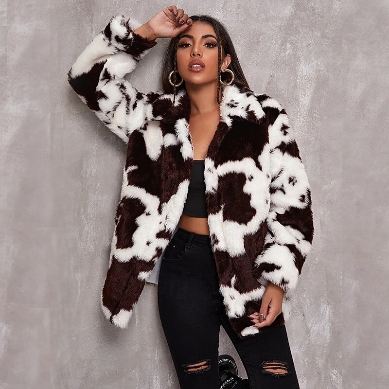Women's Faux Fur Coat Warm Comfortable Pocket Knitting Elegant Cute Daily Sweet Cow Print Athleisure Daily Wear Going out Casual Daily Single Breasted Regular Lapel Slim Long Sleeve Outerwear Black