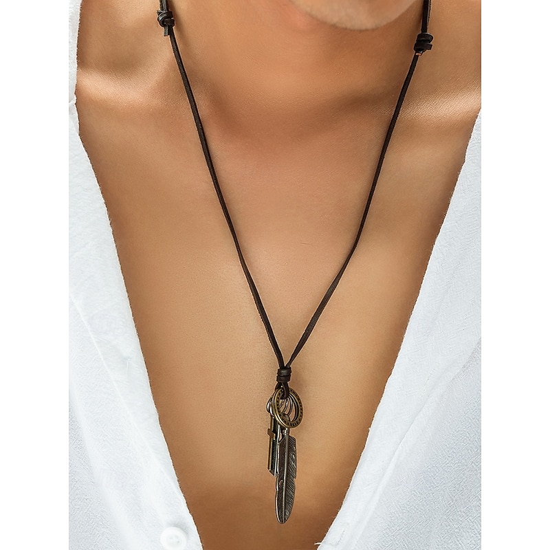 Men's Vintage Feather Pendant Necklace with Cross and Inspirational Charms, Leather Rope, Perfect for Casual Wear and Gifts2