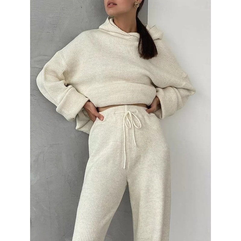 Women's Fashion Streetwear Daily Hoodie Sweatpants Long Sleeve Crew Neck Plain Drawstring Casual Daily Black White Blue Fall Regular Fit