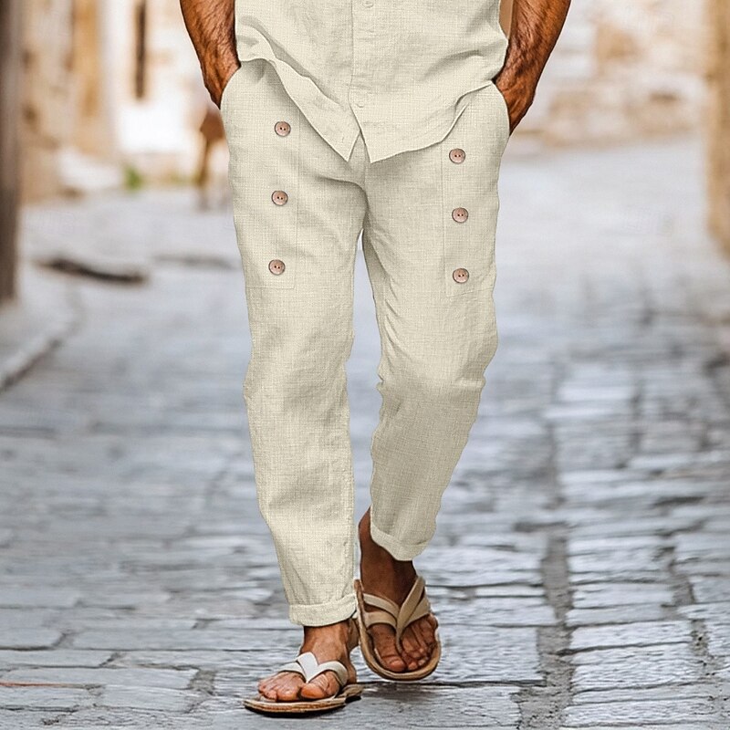 Men's Linen Pants Trousers Summer Pants Buttons Front Pocket Pleats Plain Comfort Breathable Full Length Casual Daily Streetwear Ethnic Style Retro Vintage Loose Fit Black White4