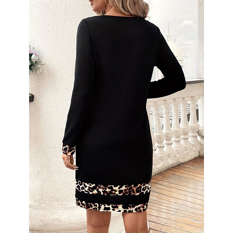 Women's Mini Dress Black Dress Casual Dress Cocktail Dress Bodycon Stylish Casual Vacation Daily Regular Fit Leopard Long Sleeve Crew Neck Black Spring Fall2