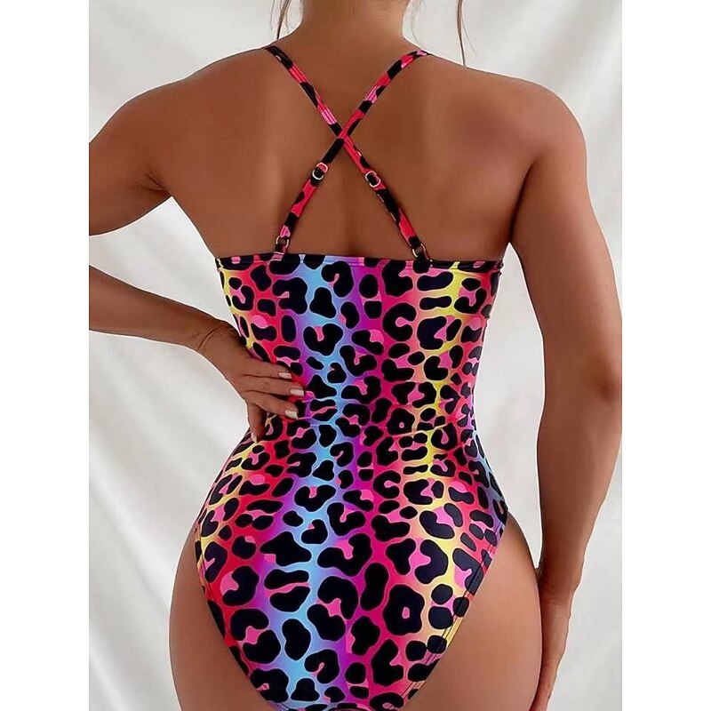 Women's Swimwear One Piece Monokini Swimsuit Backless Tummy Control High Waist Slim Vacation Beach Wear Leopard U Neck Sleeveless Bathing Suits2
