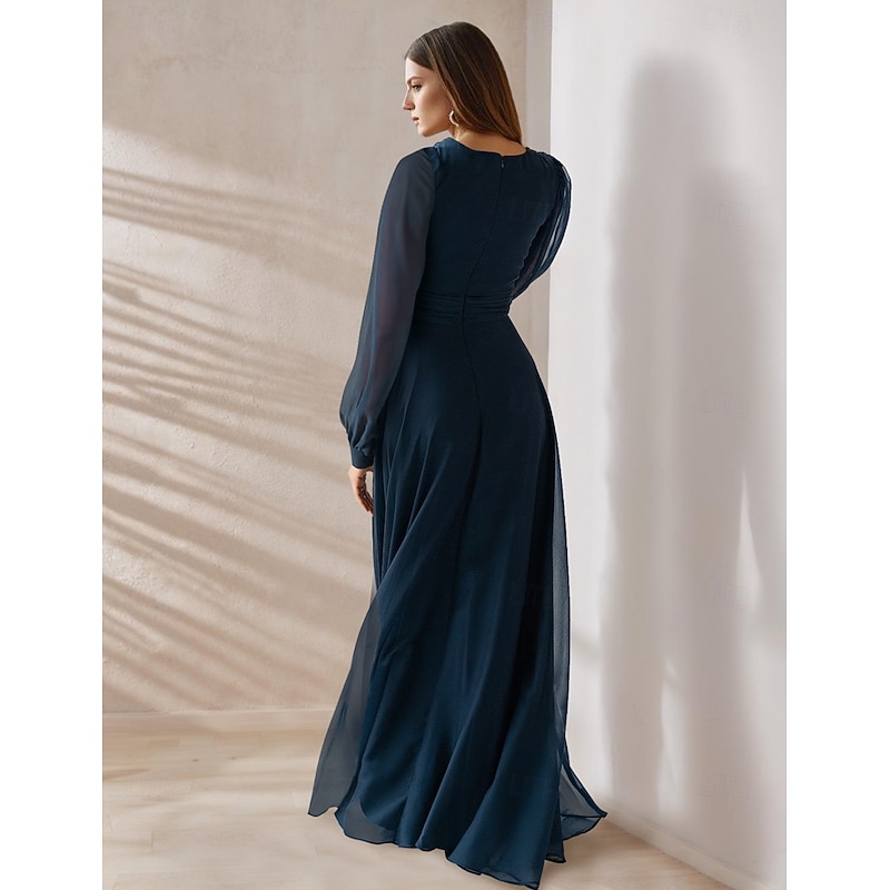 A-Line  Mother of the Bride  Elegant Party V Neck Floor Length Chiffon Corded Lace Long Sleeve Wrap Included with Ruching2