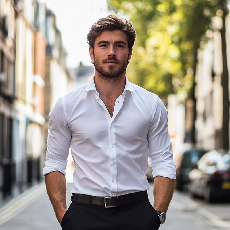 Men's Shirt Dress Shirt Plain Wedding Business Black White Navy Blue Blue Long Sleeve Collar Summer Clothing Apparel2