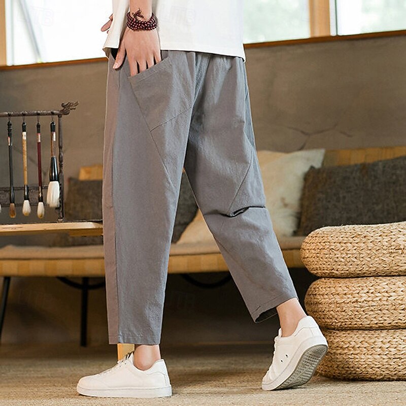 Men's Linen Pants Trousers Summer Pants Harem Pants Pocket Drawstring Elastic Waist Plain Comfort Breathable Ankle-Length Home Casual Daily Fashion Classic Style Black Navy Blue2