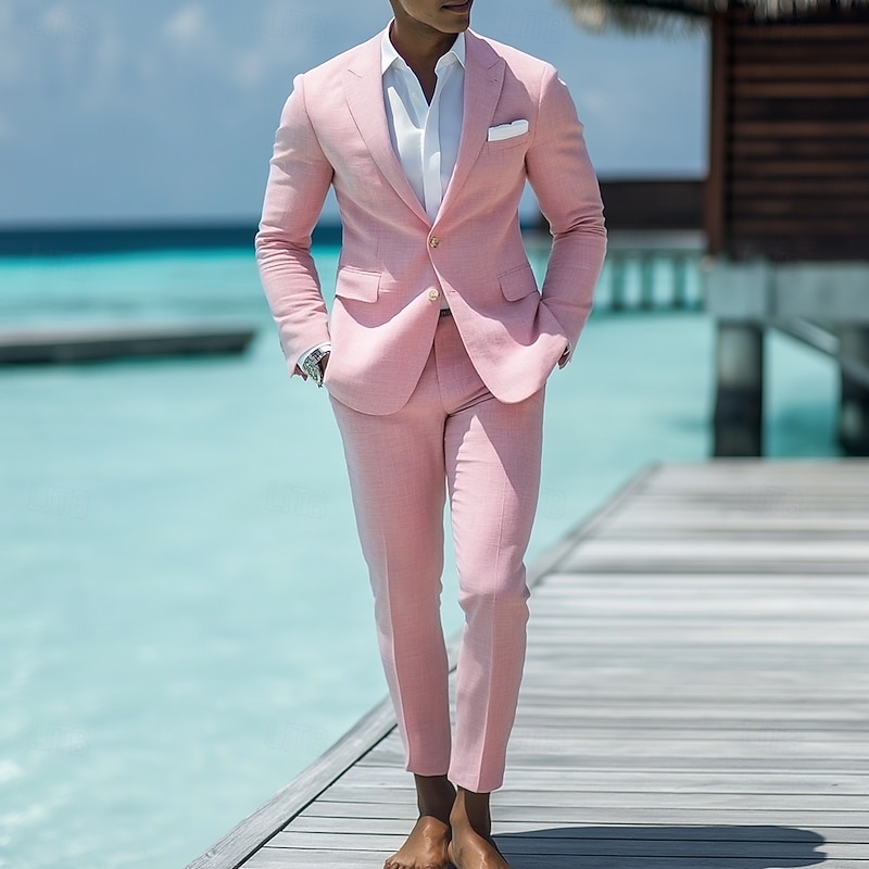 Men's Beach Wedding Linen Suits Peaked Lapel Pink Solid Colored Standard Fit 2 Piece Single Breasted Two-buttons