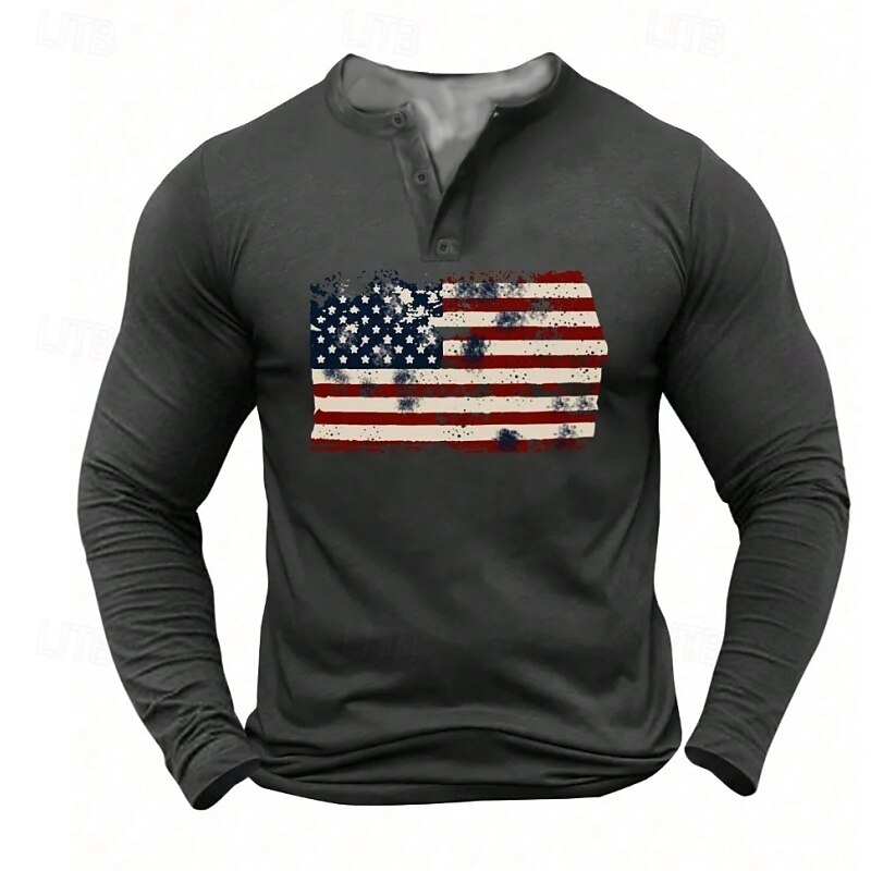 Men's American US Flag Henley Shirt T shirt Tee Long Sleeve Vintage Fashion Comfortable Casual Daily Spring &  Fall Matt gray Black Khaki Light Grey Henley Henley T-Shirt3
