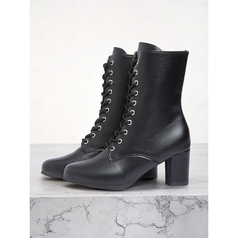 Women's Black Faux Leather Lace-Up Victorian Boots with Mid-Heel, Elegant and Timeless Design for Formal and Vintage-Inspired Occasions2