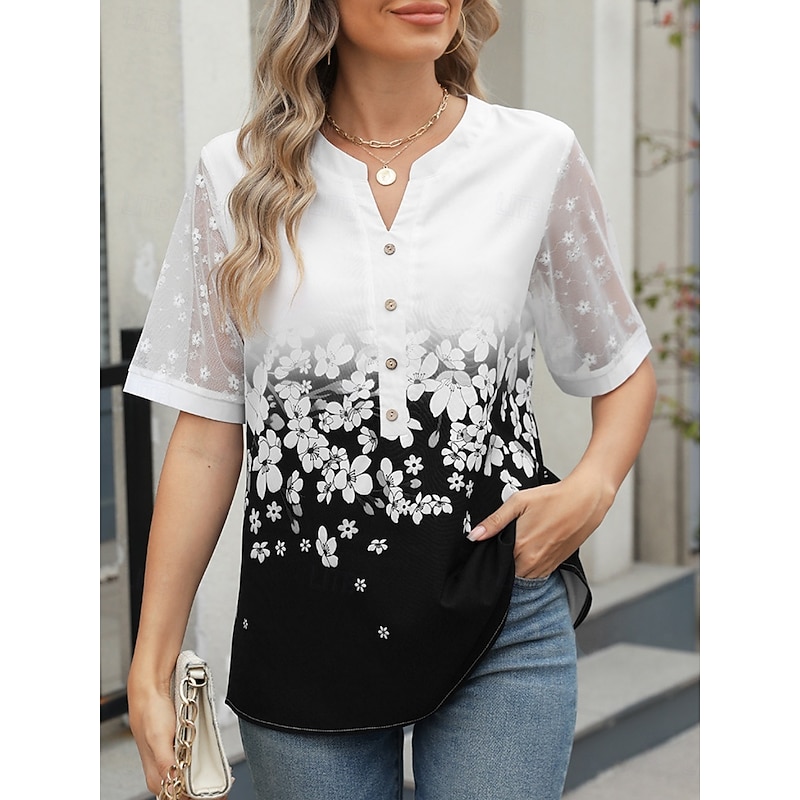 Women's Shirt Blouse Floral Casual Half Sleeve Notched Neck Regular Tops Daily Mesh Patchwork Buttons Black Wine Blue Summer3