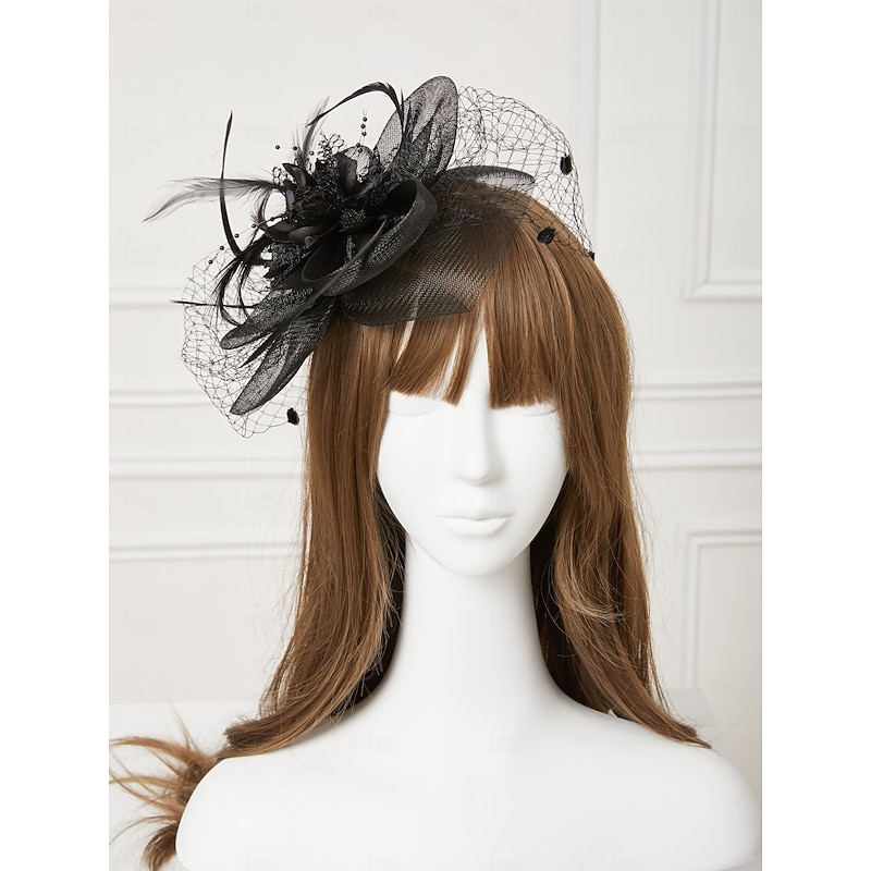 Elegant Fascinators Hats Linen Net Mesh Headpiece Kentucky Hat with Clip Headband Feather Floral Flower Mesh Net Wedding Evening Party Horse Race Ladies Day Headpiece Headwear4