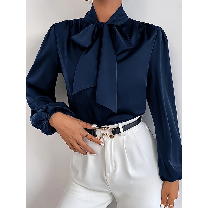 Women's Shirt Elegant Dressy Satin Solid Color Business Modern Casual Long Sleeve Shirt Collar Regular Tops Work Formal Wear Bow Wine Navy Blue Summer Spring3