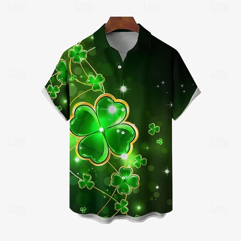St. Patrick Men's Shamrock Casual Shirt Short Sleeve Casual St.Patrick's Day Summer Spring Turndown Button Up Green