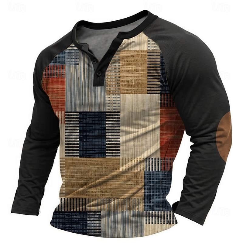 Men's Graphic Patchwork T Shirt Henley Shirt Tee Long Sleeve Designer Basic Classic Outdoor Daily Sports Spring &  Fall Multicolor Black Henley Henley T-Shirt