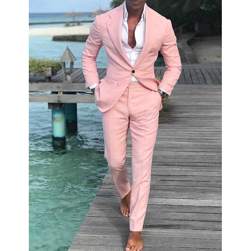 Men's Wedding Beach Linen Suits Closure collar Light Blue pea green Solid Colored Tailored Fit 2 Piece Single Breasted One-button