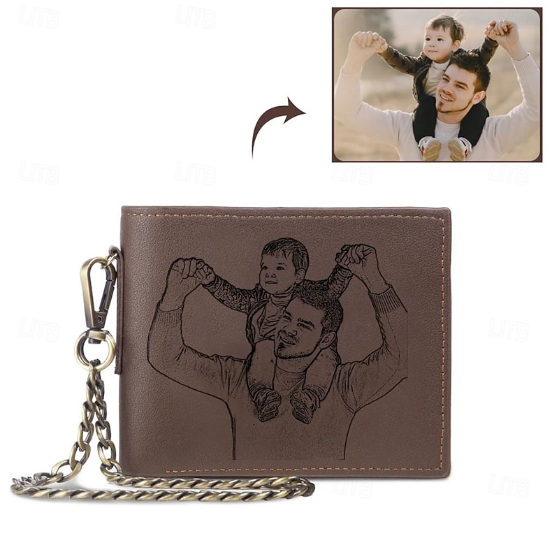 Personalized Photo Engraved Leather Wallet Custom Best Gift for Dad, Bifold Wallet with Chain for Men, Husband, Son, Father's Day, Birthday, Christmas
