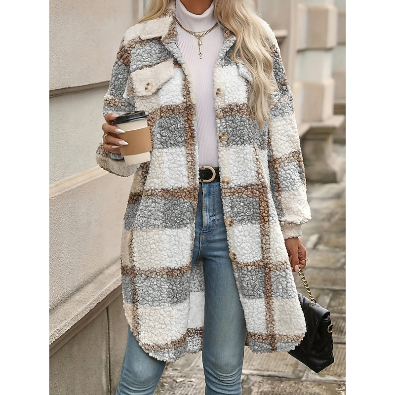Women's Winter Coat Winter Jacket Fleece Jacket Sherpa Jacket Outdoor Street Daily Fall Winter Regular Coat Regular Fit Warm Breathable Comtemporary Stylish Jacket Long Sleeve Stripes and Plaid with