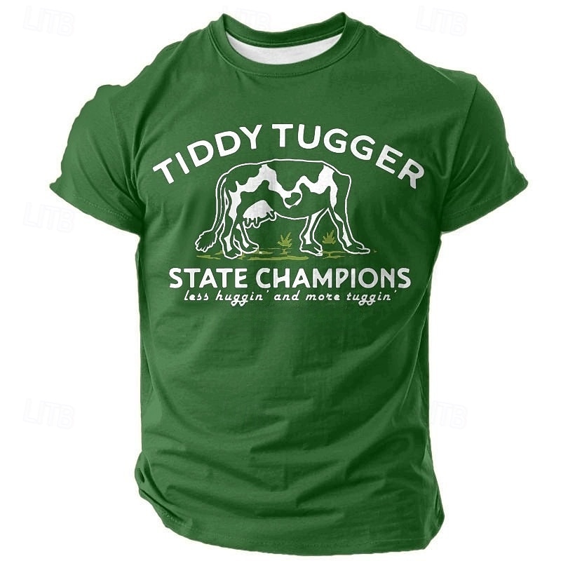 Men's Short Sleeve Graphic T-Shirt, Tiddy Tugger State Champions Funny Cow Milking Humor with Less Huggin' More Tuggin' Slogan3