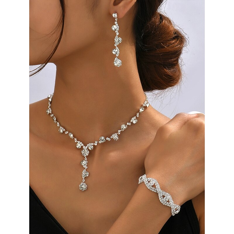 Elegant Rhinestone Jewelry Set for Women, Includes Necklace, Earrings, and Bracelet, Perfect for Weddings, Parties, and Formal Events