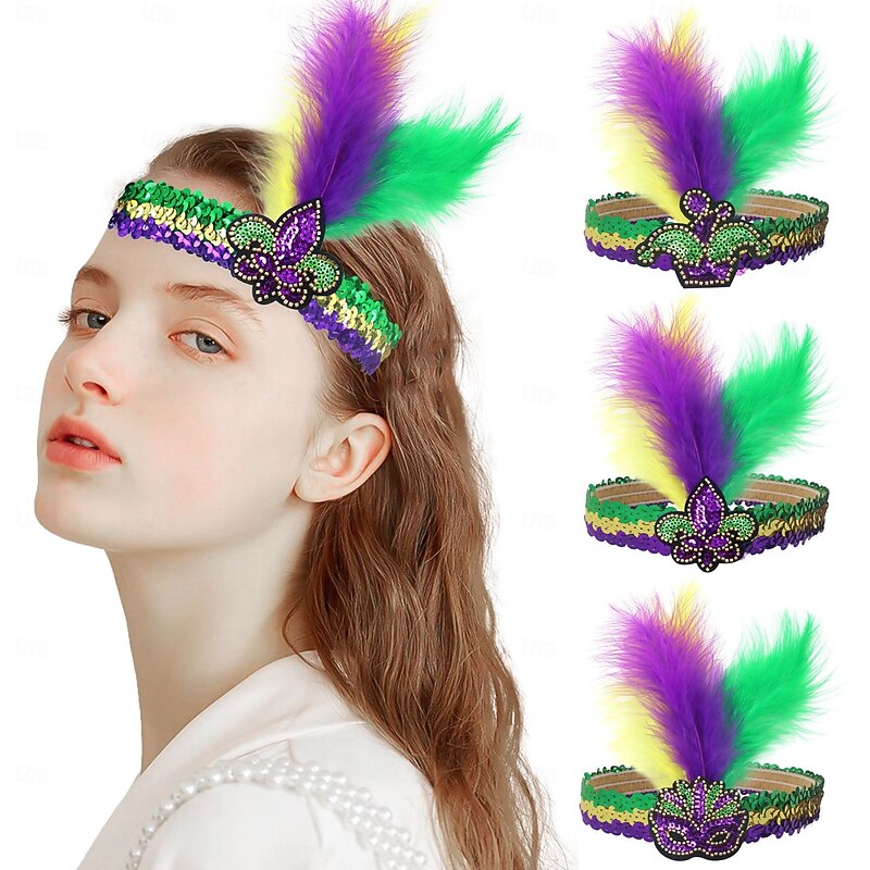 Mardi Gras Headband for Women Glitter Purple Green Yellow Sequin Top Knot Hairband Funny Carnival Parade Party Gift for Sister Mom Bestie