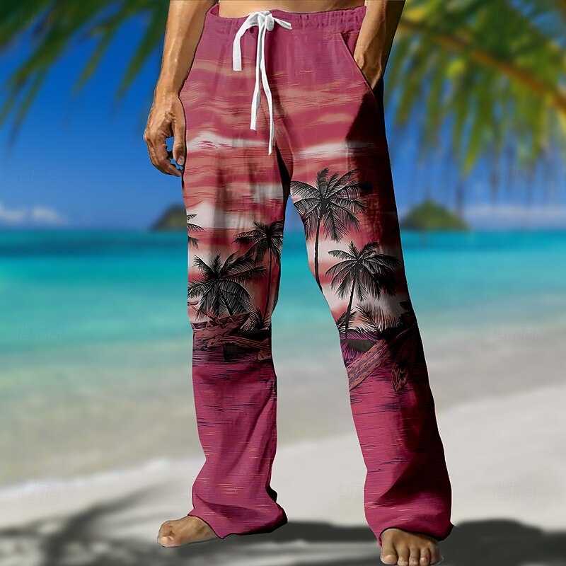 Men's Coconut Tree Scenery Trousers Casual Pants Mid Waist Drawstring Elastic Waist Hawaiian Outdoor Vacation Holiday Straight Leg Trousers Summer Spring Fall 3D Print Red Blue Orange3