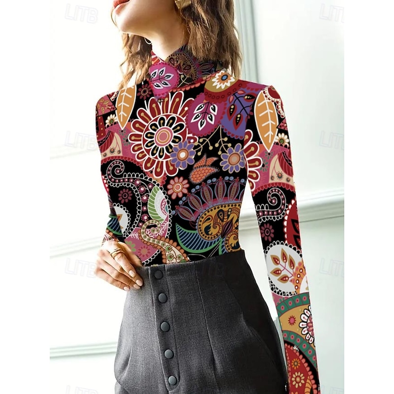 Women's Tunic T Shirt Elegant Bohemia Vintage Long Sleeve Regular Tops Turtleneck Vacation Going out Red Fall Winter Prefall2