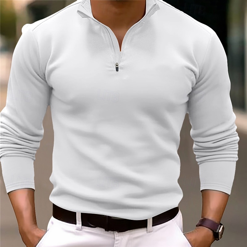 Men's Quarter Zip Polo Golf Polos Shirts Outdoor Causal Quarter Zip Long Sleeve Fashion Modern Solid Color Knitted Spring &  Fall Standard Fit Black White Navy Blue Dark Green Brown Quarter Zip Polo
