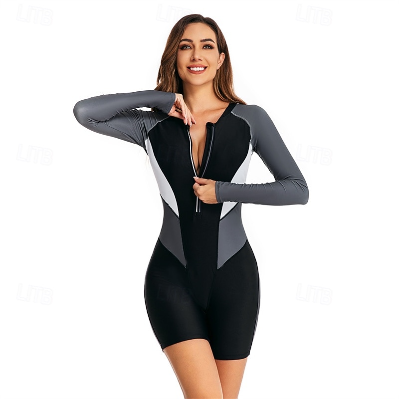 Women's Rash Guard One Piece Swimsuit UV Sun Protection UPF50+ Lightweight Long Sleeve Spandex Bodysuit Bathing Suit Front Zip Swimming Surfing Beach Water Sports Patchwork Printed Summer Spring2