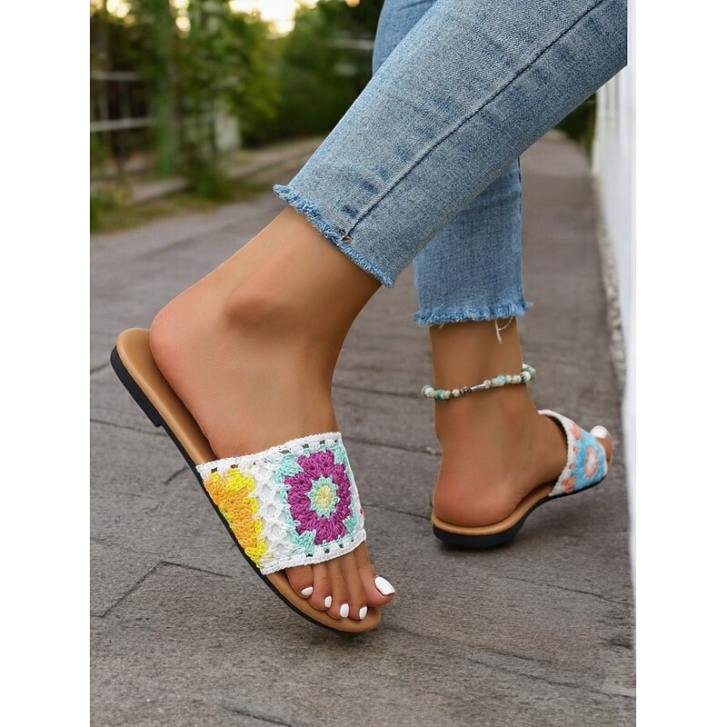 Women's Handwoven Crochet Slide Sandals with Colorful Floral Patterns, Boho Summer Flats for Beach, Vacation, and Casual Wear3