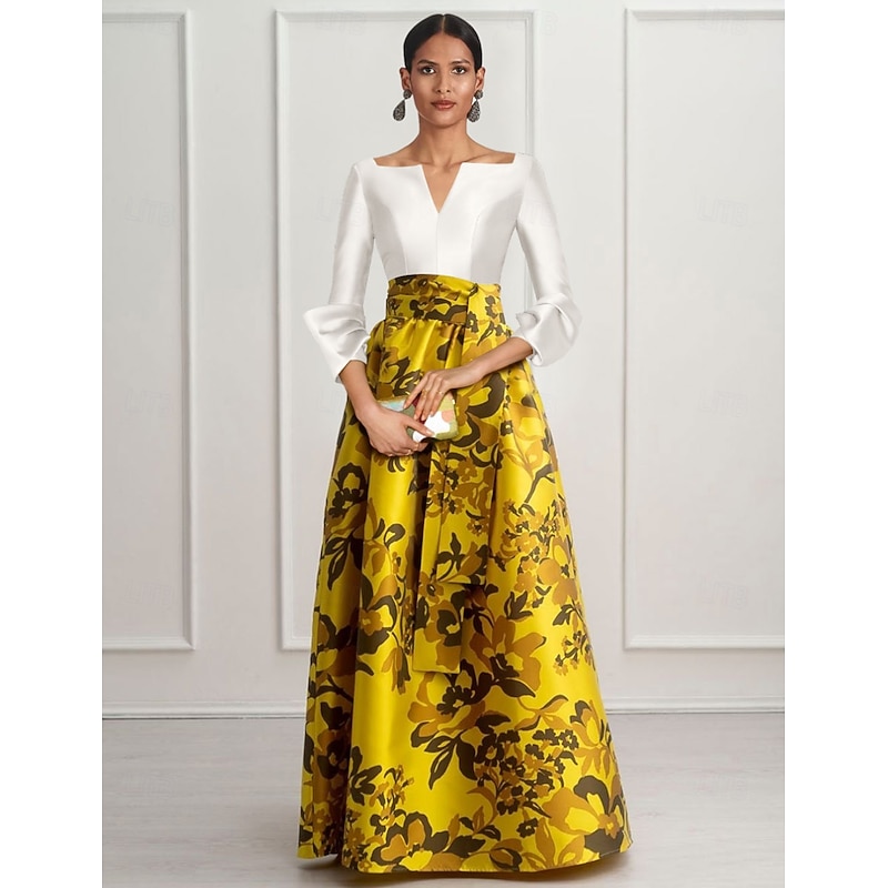 A-Line Evening Gown High Split Dress Formal Floor Length Long Sleeve V Neck Satin with Floral Print Wedding Guest Dress